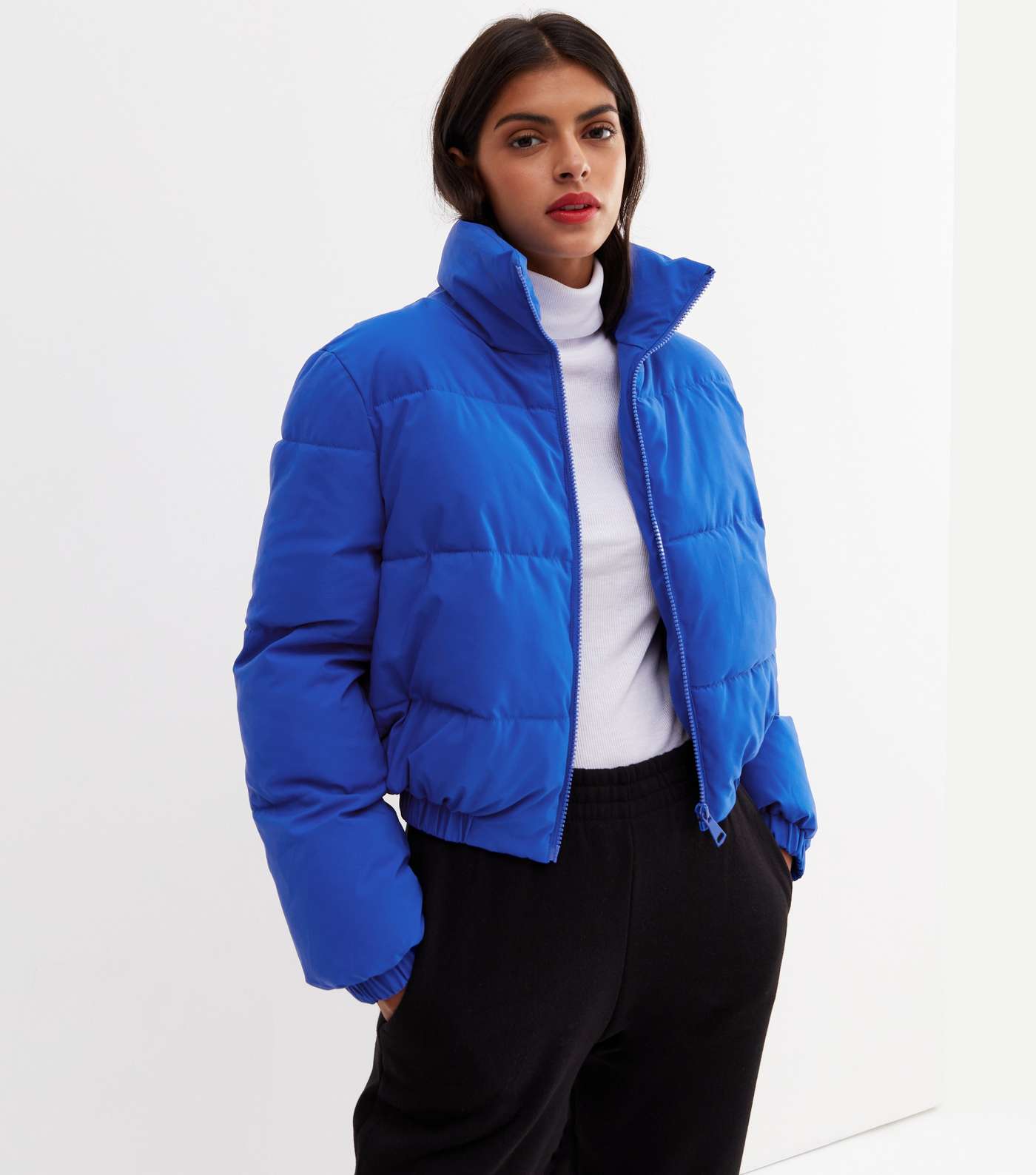 Cameo Rose Bright Blue Boxy Puffer Crop Jacket