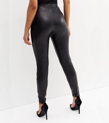Petite Black Leather-Look Zip High Waist Leggings New Look