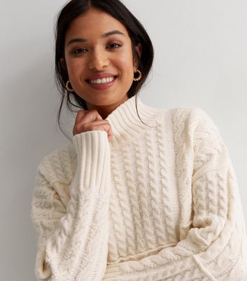 Petite Cream Patchwork Cable Knit High Neck Jumper | New Look