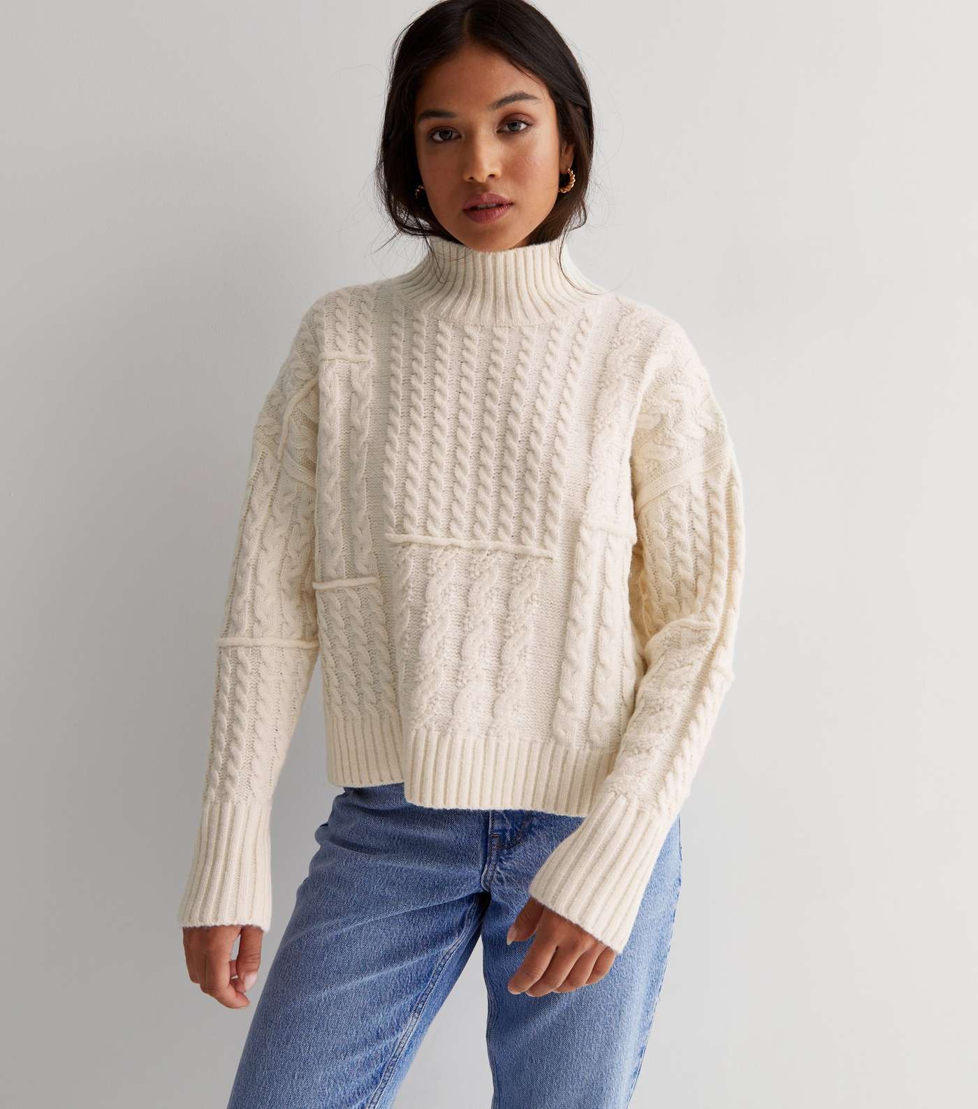 Petite Cream Patchwork Cable Knit High Neck Jumper Image 2