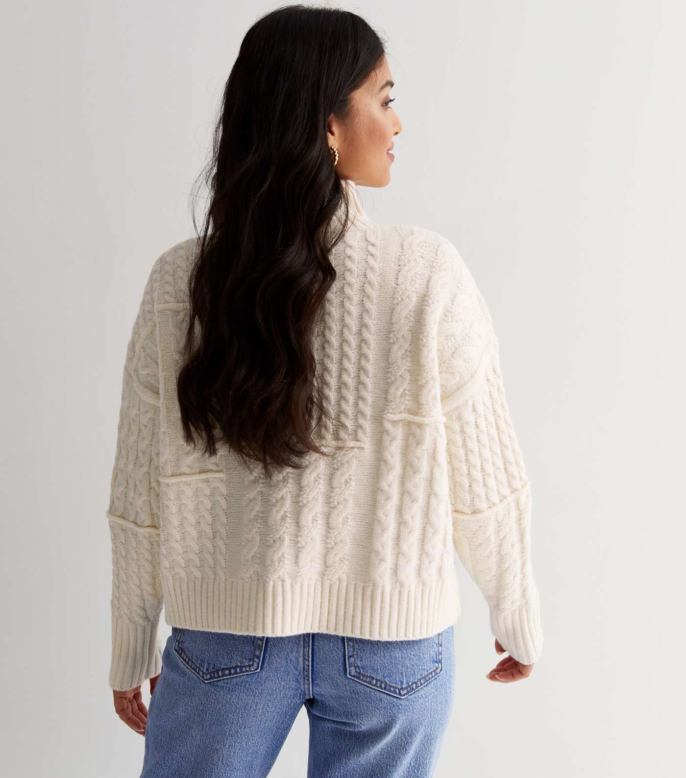 Petite Cream Patchwork Cable Knit High Neck Jumper Image 4