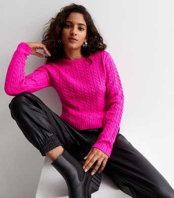 Petite Bright Pink Cable Knit Crew Neck Jumper