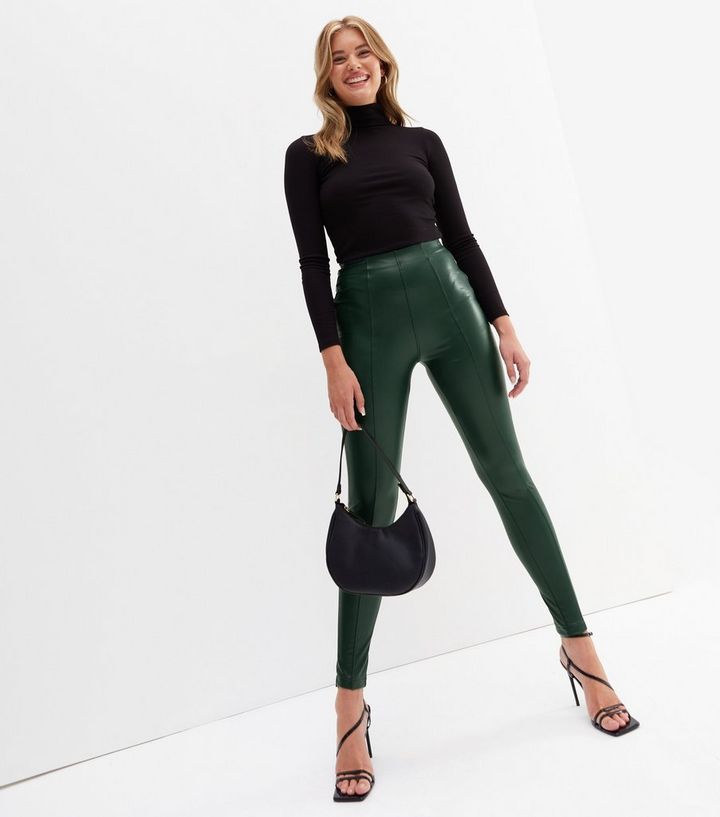 Tall Dark Green Leather-Look Leggings New Look