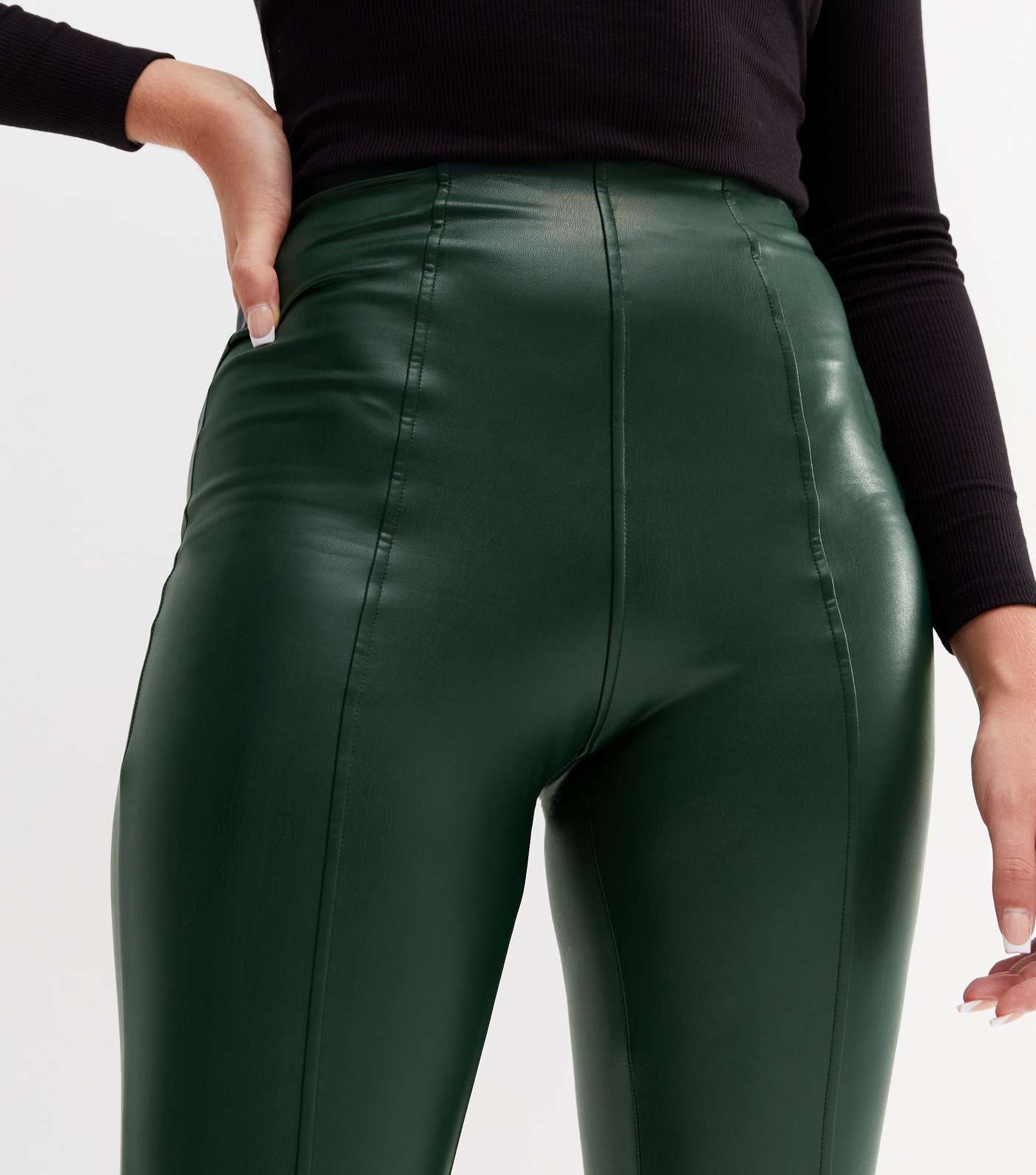 Tall Dark Green Leather-Look High Waist Leggings Image 3
