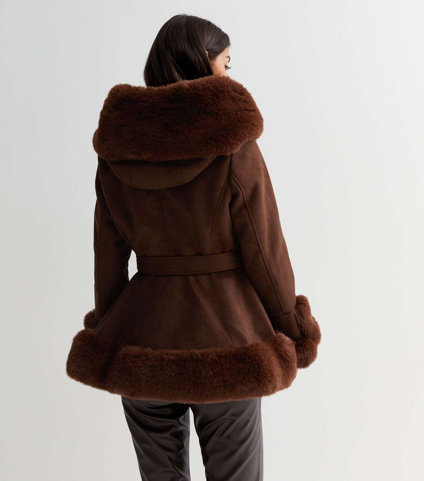 Cameo Rose Dark Brown Suedette Faux Fur Hooded Coat Image 4