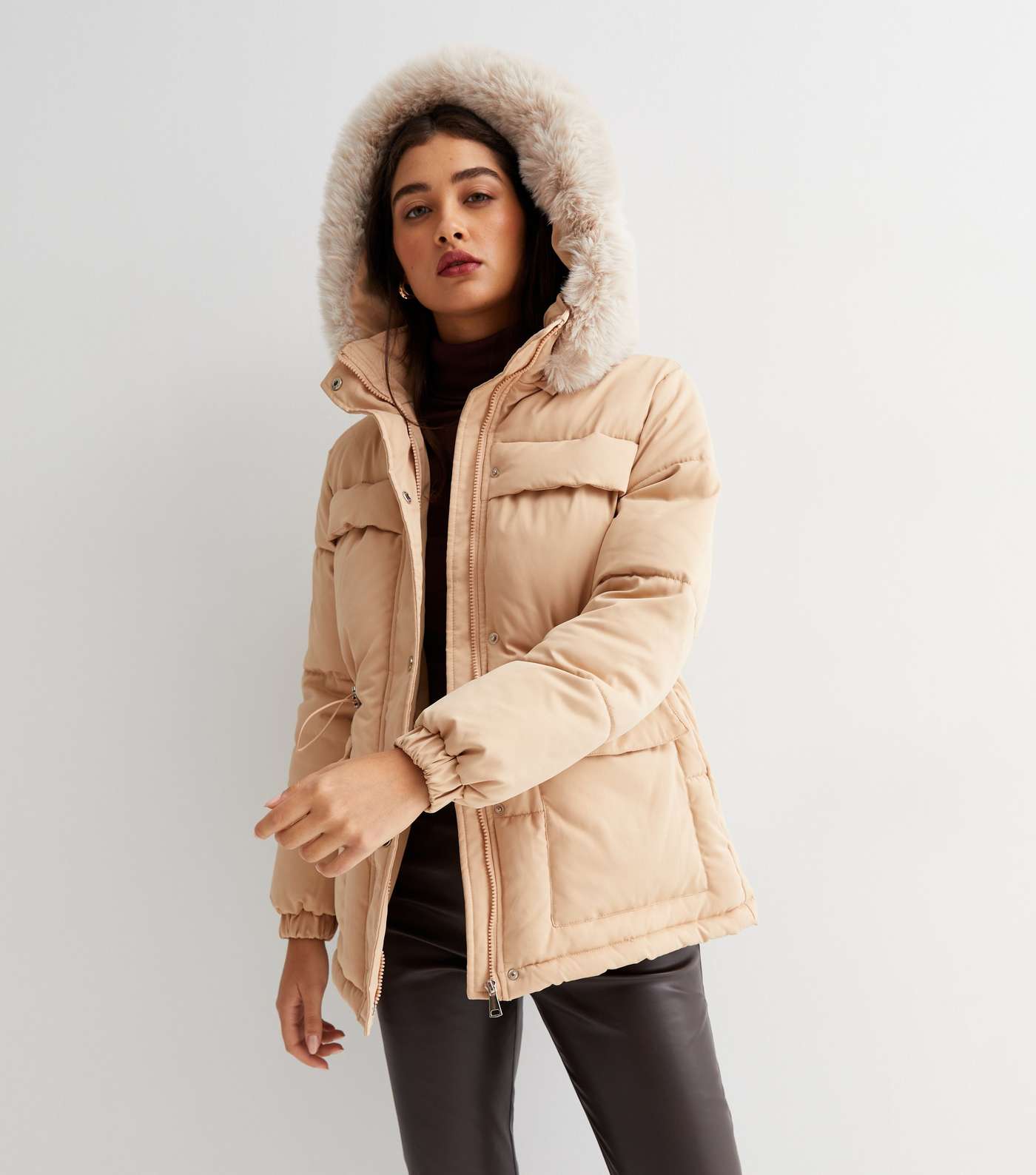 Cameo Rose Stone Toggle Faux Fur Hooded Puffer Jacket