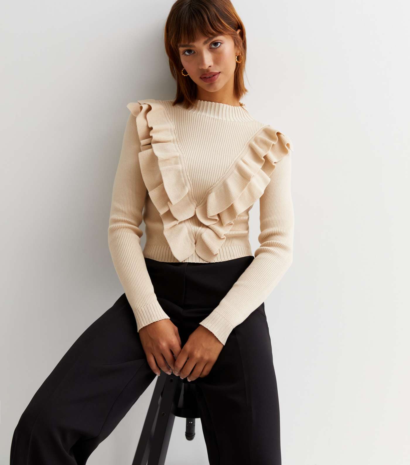 Cameo Rose Off White High Neck Ruffle Knit Jumper