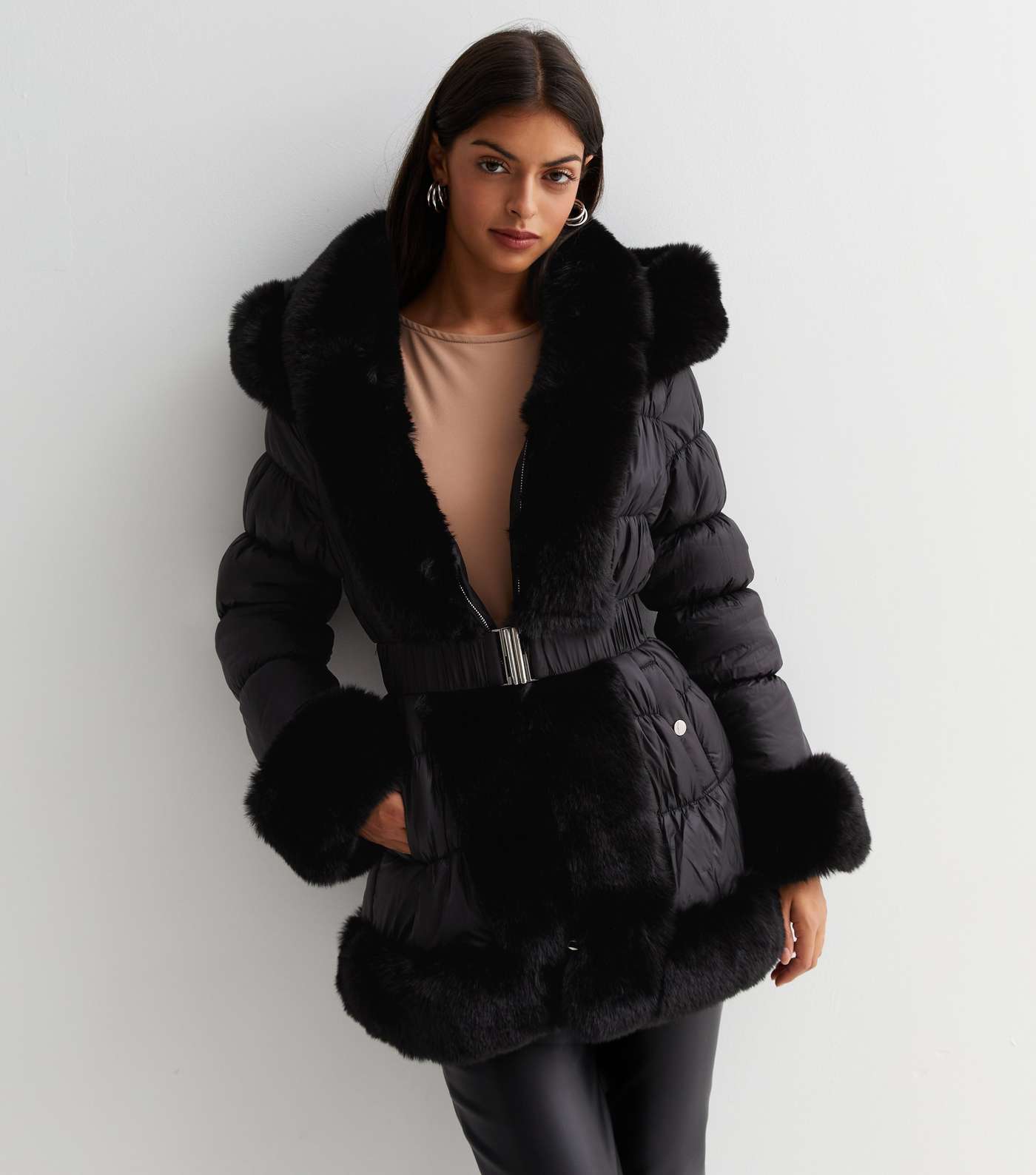 Cameo Rose Black Faux Fur Trim Belted Hooded Puffer Coat