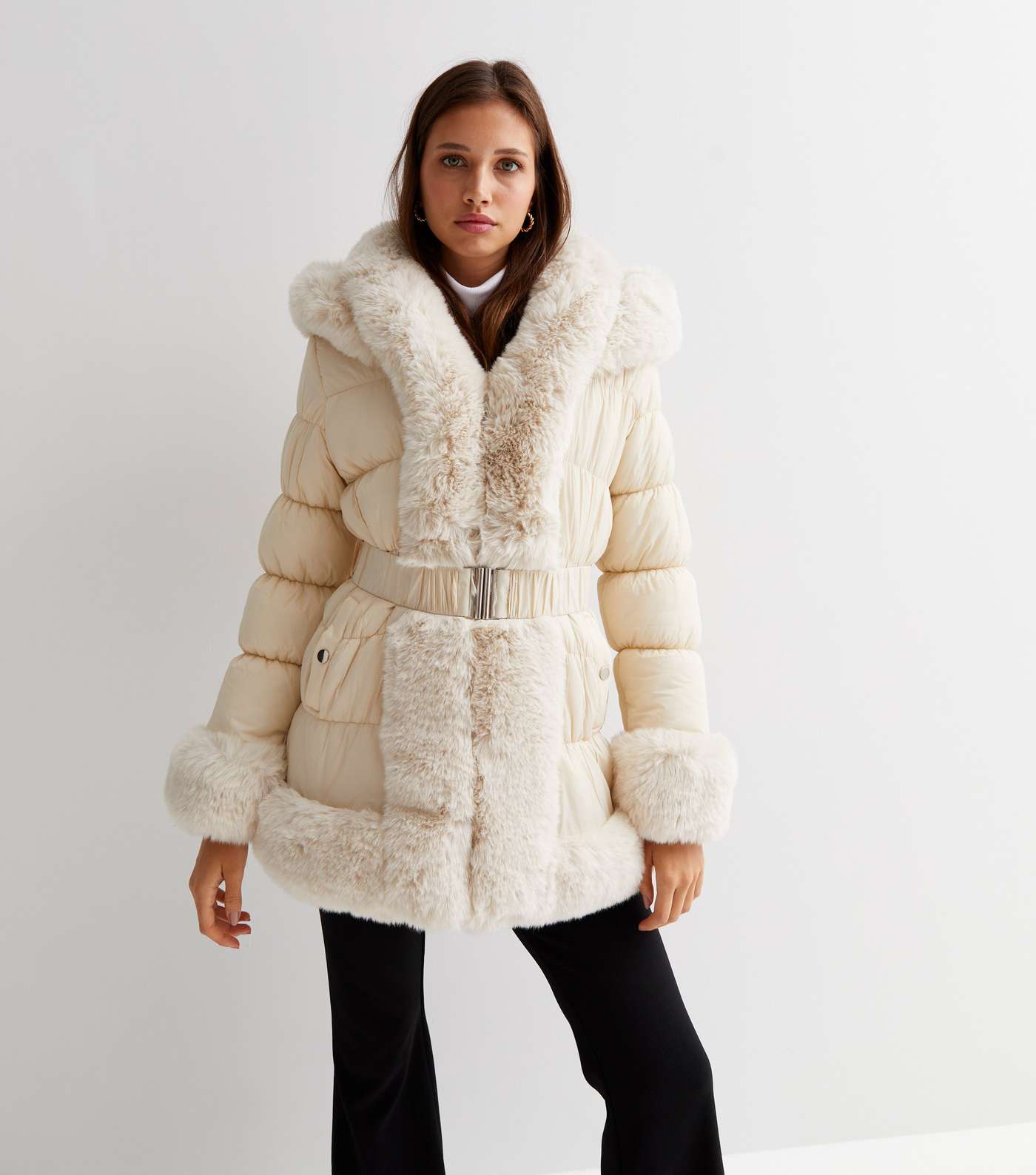 Cameo Rose Stone Faux Fur Trim Belted Hooded Puffer Coat Image 2