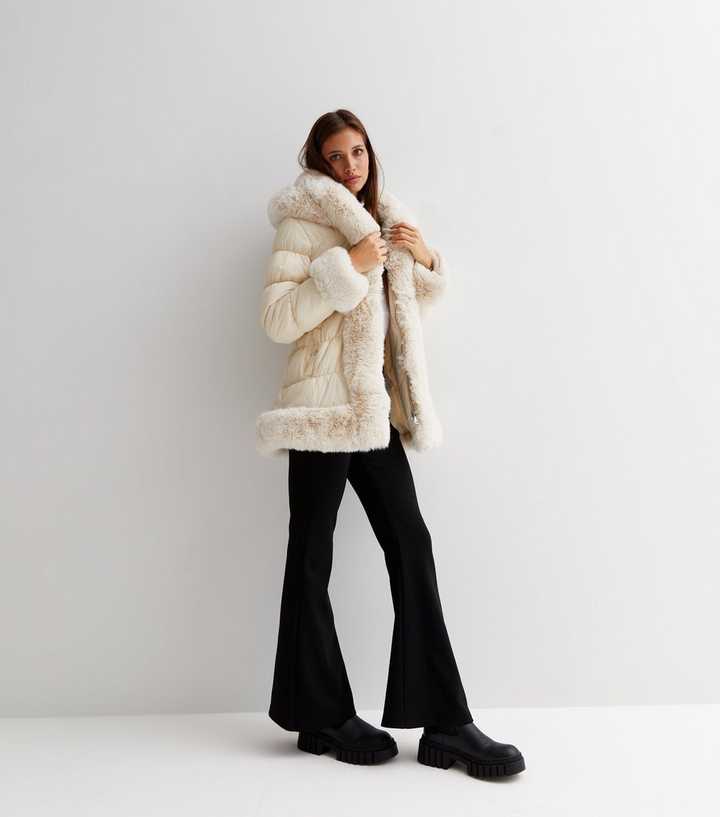 Cameo Rose Off White Faux Fur Trim Belted Puffer Coat