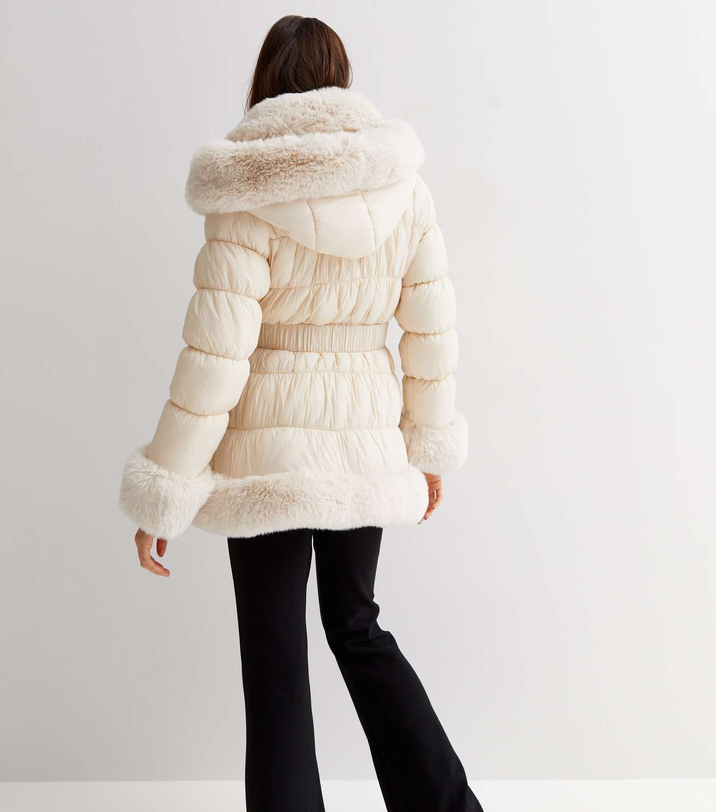 Cameo Rose Stone Faux Fur Trim Belted Hooded Puffer Coat Image 4