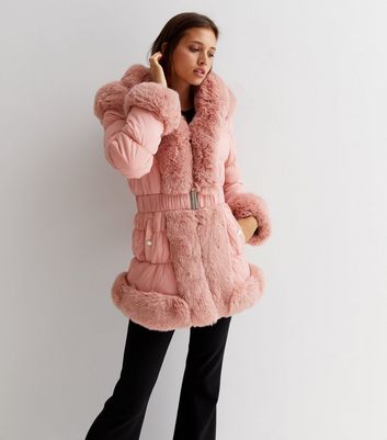 Cameo Rose Pink Faux Fur Trim Belted Hooded Puffer Coat New Look