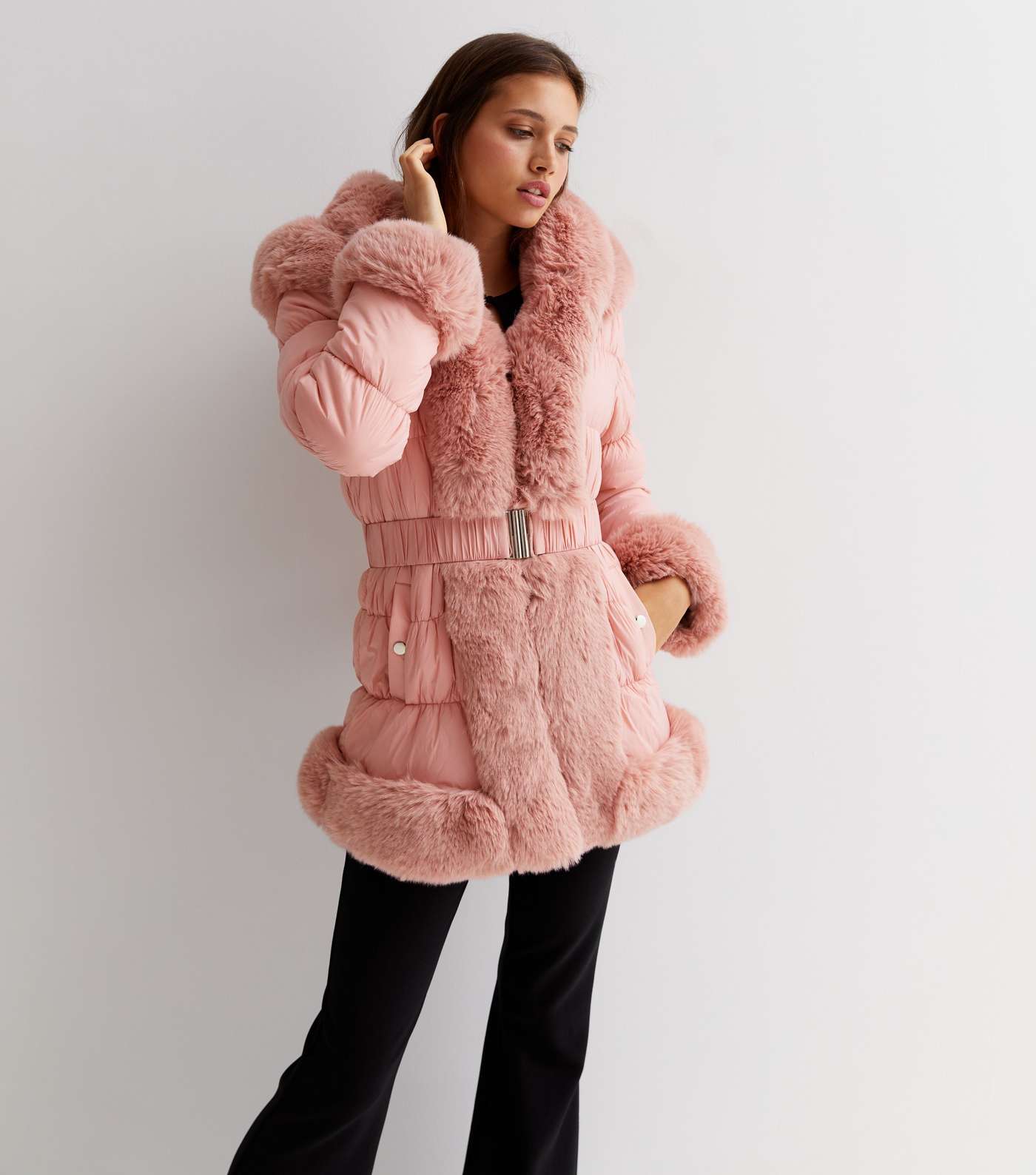 Cameo Rose Pink Faux Fur Trim Belted Hooded Puffer Coat