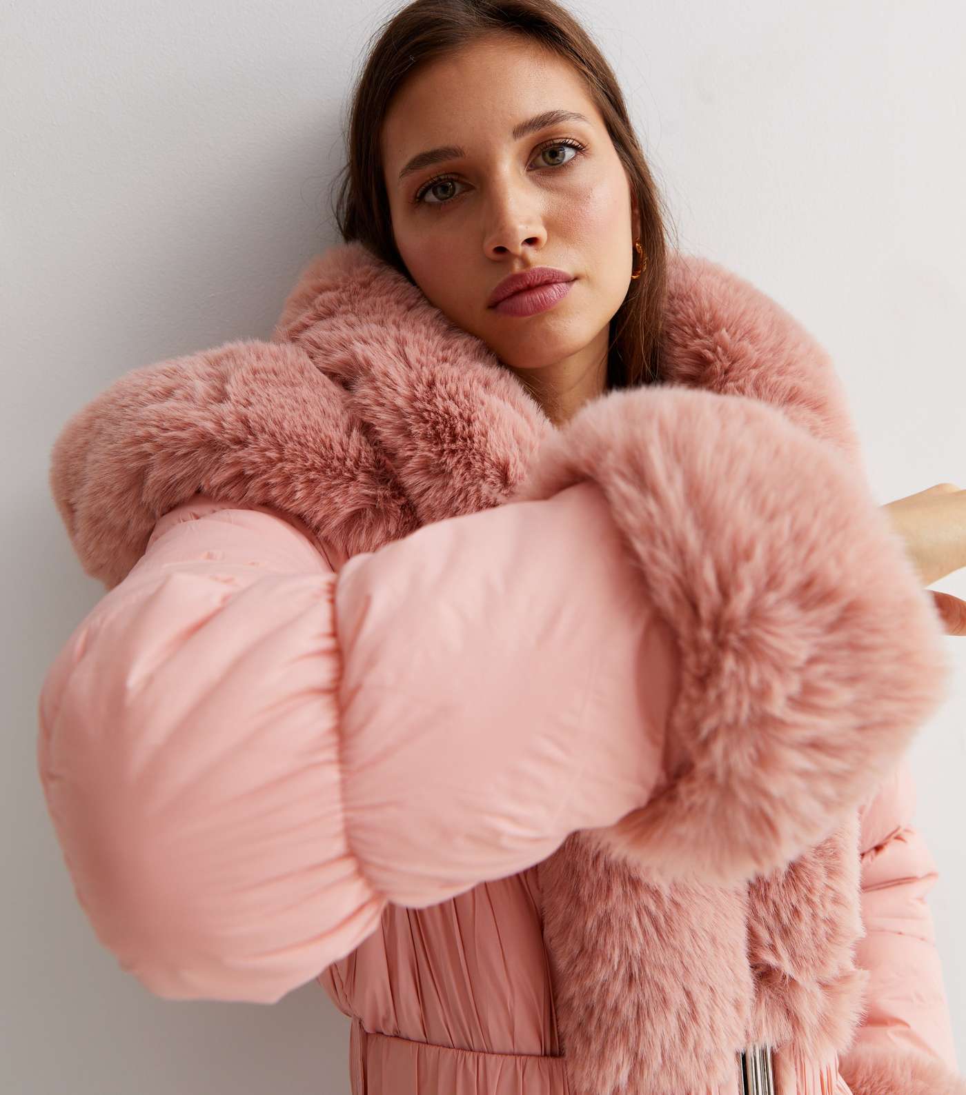 Cameo Rose Pink Faux Fur Trim Belted Hooded Puffer Coat Image 3