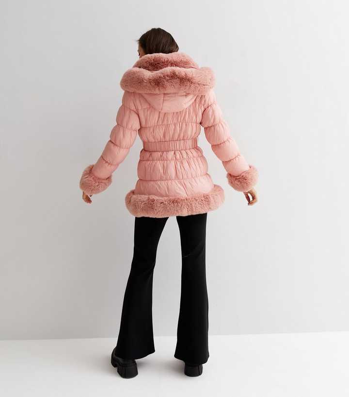 Cameo Rose Pink Faux Fur Trim Belted Hooded Puffer Coat | New Look