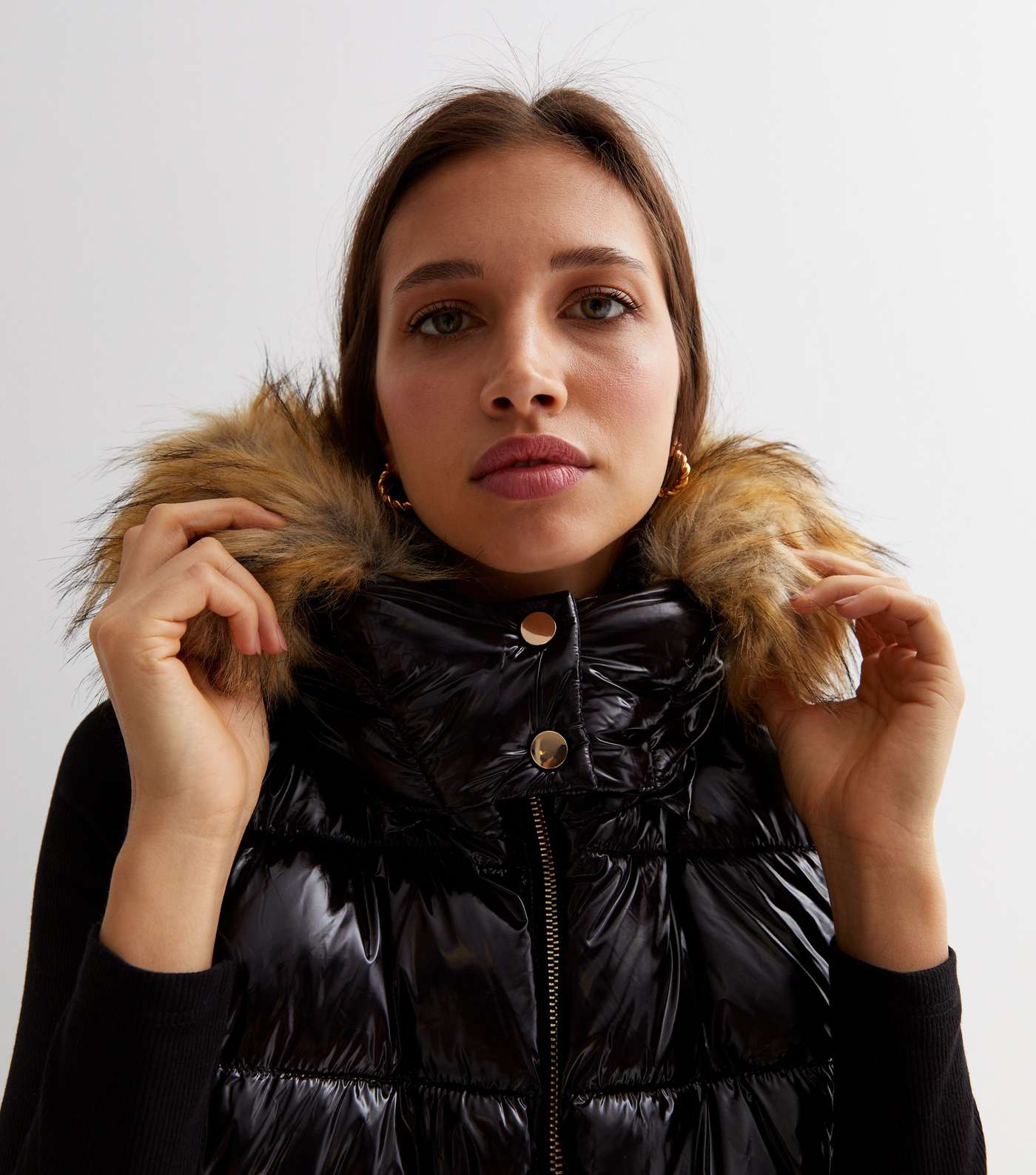 Cameo Rose Black Leather-Look Faux Fur Trim Hooded Gilet