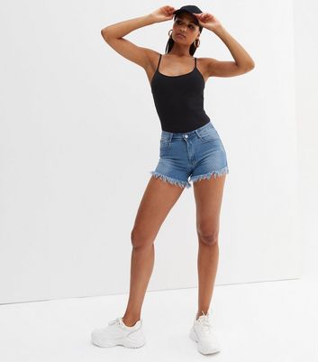 Pink Vanilla Blue Denim Raw Hem Shorts 