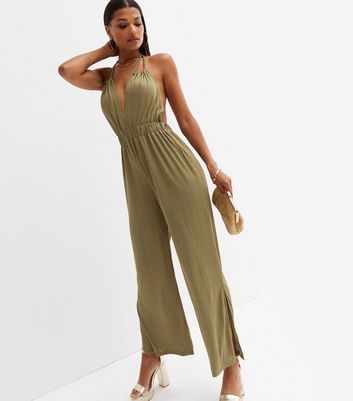 Blue Vanilla Khaki Halter Open Back 