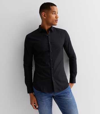 Black Poplin Long Sleeve Muscle Fit Shirt