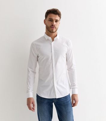 Men's White Poplin Long Sleeve Muscle Fit Shirt New Look