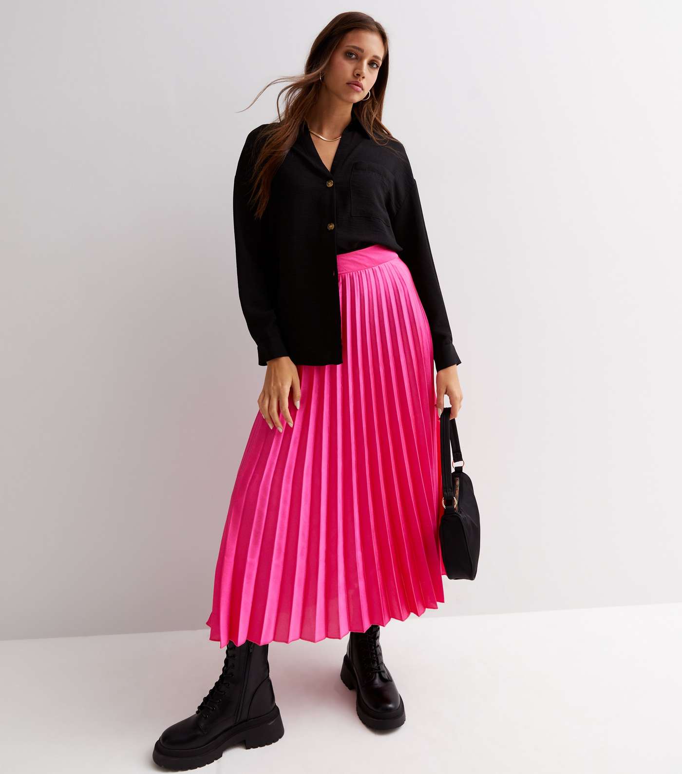 Bright Pink Satin Pleated Midi Skirt