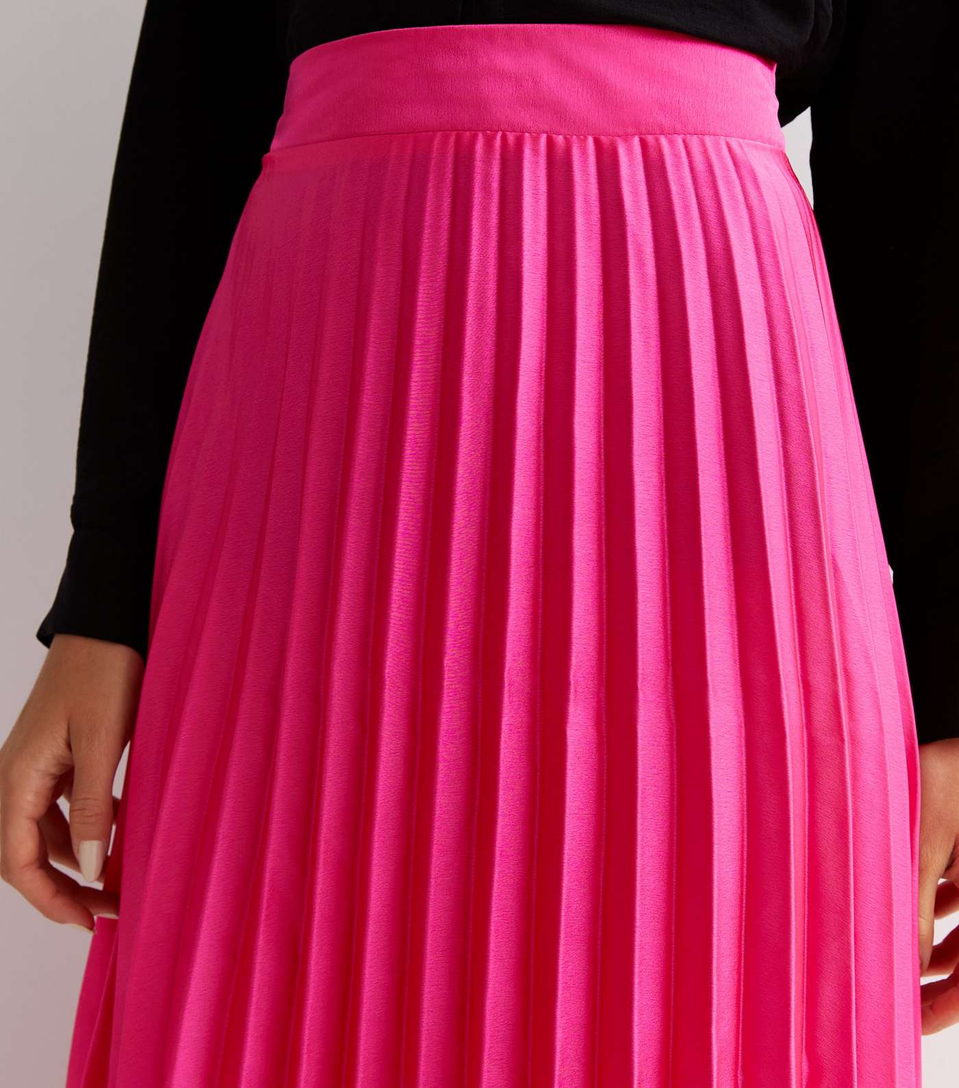 Bright Pink Satin Pleated Midi Skirt Image 3