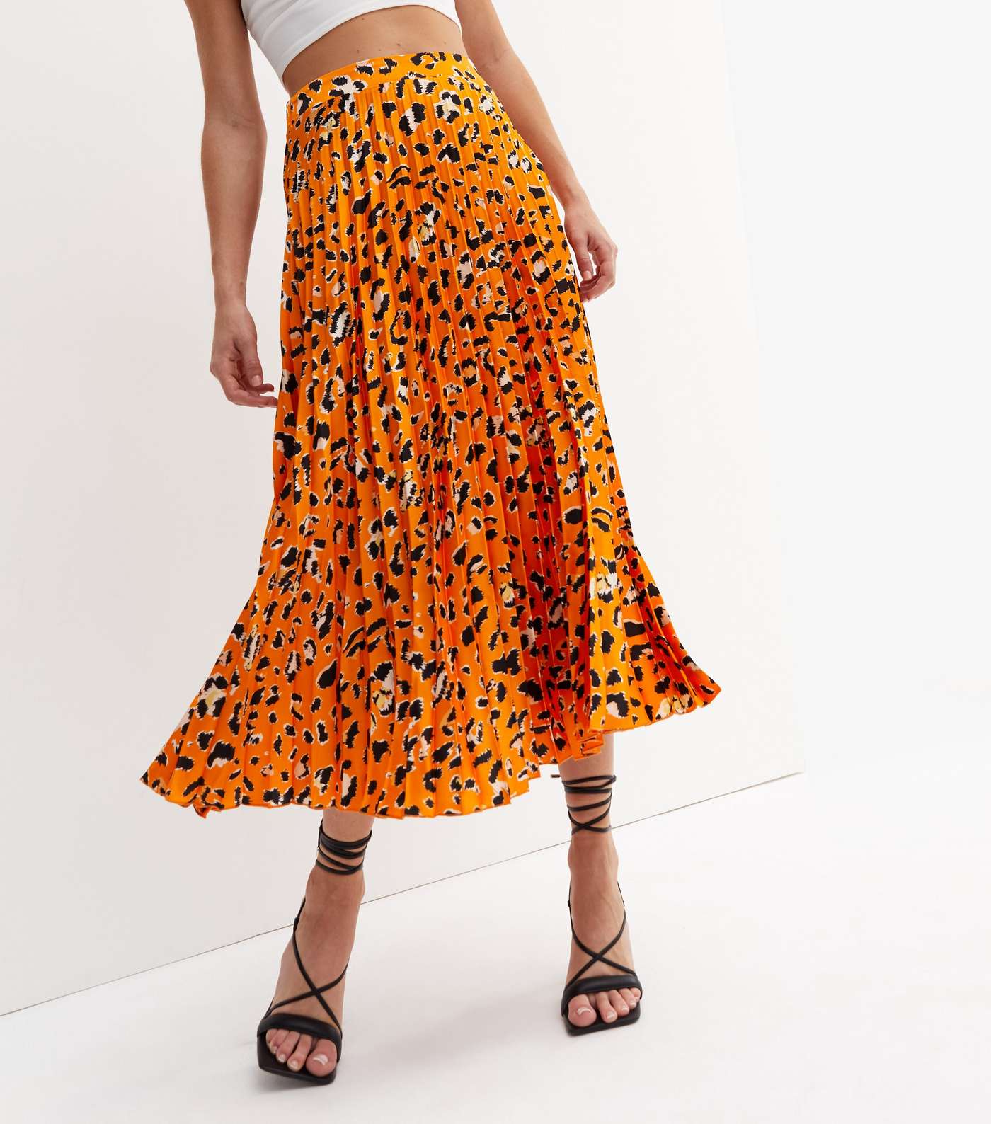 Orange Leopard Print Satin Pleated Midi Skirt Image 2