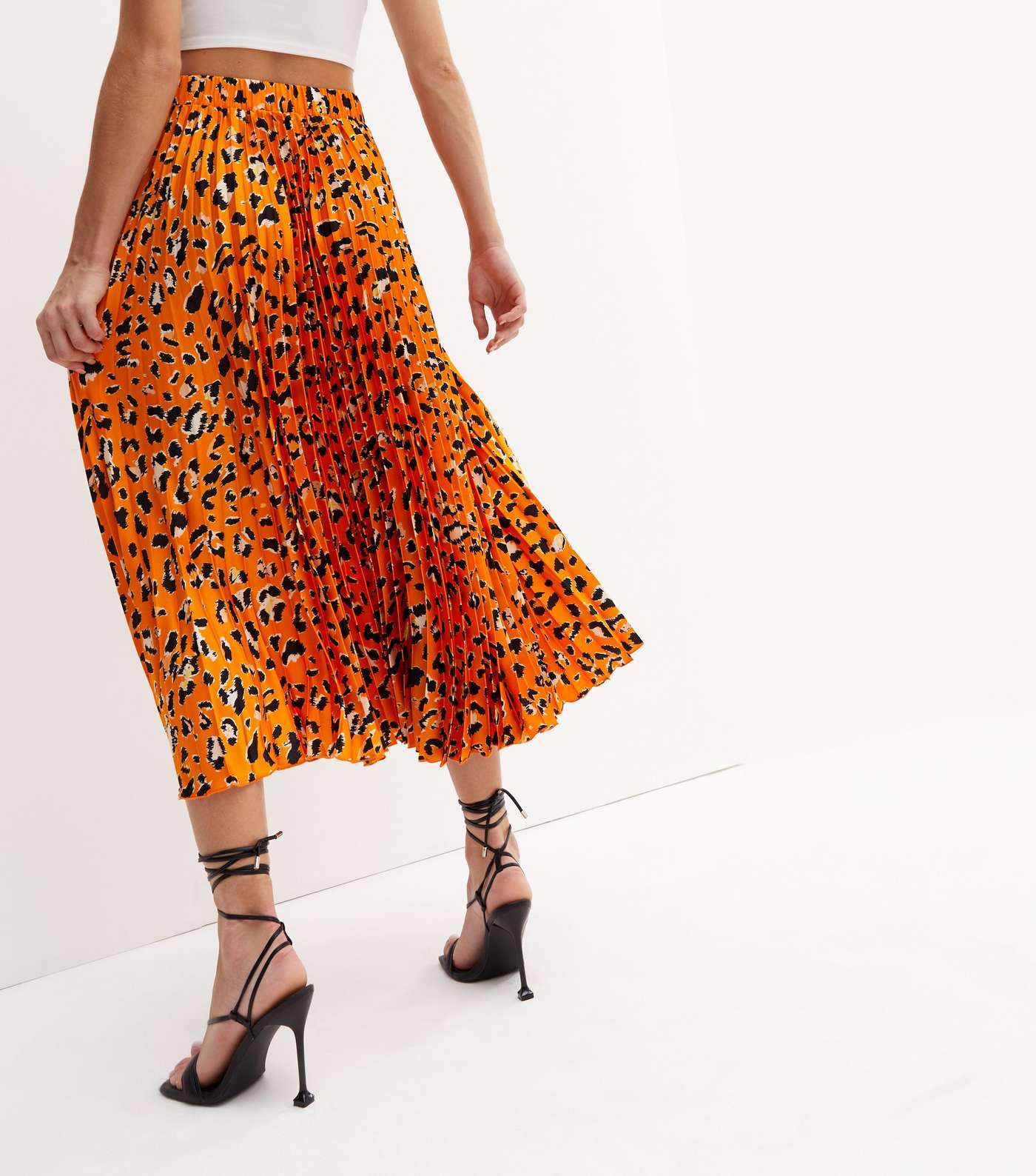 Orange Leopard Print Satin Pleated Midi Skirt Image 4