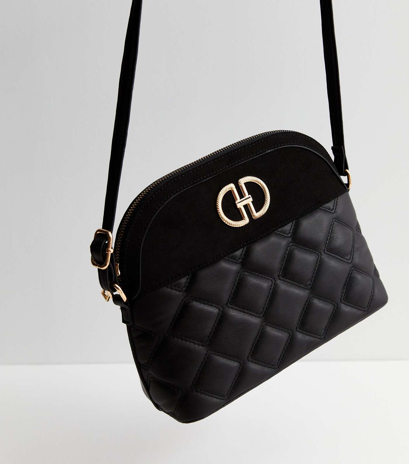 Black Suedette and Quilted Leather-Look Cross Body Bag Image 4