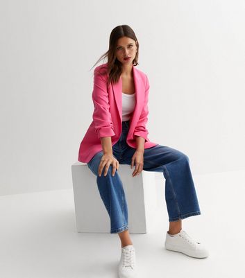 Bright Pink Ruched Sleeve Oversized Blazer New Look