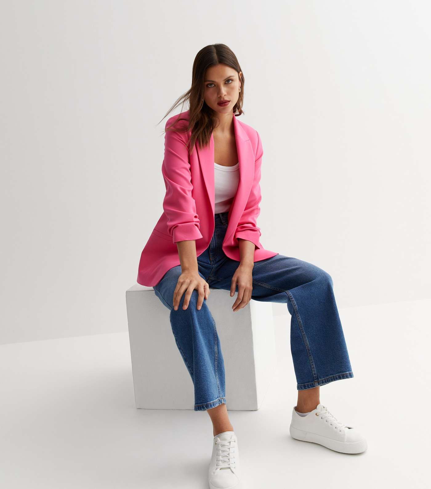 Bright Pink Ruched Sleeve Oversized Blazer Image 3