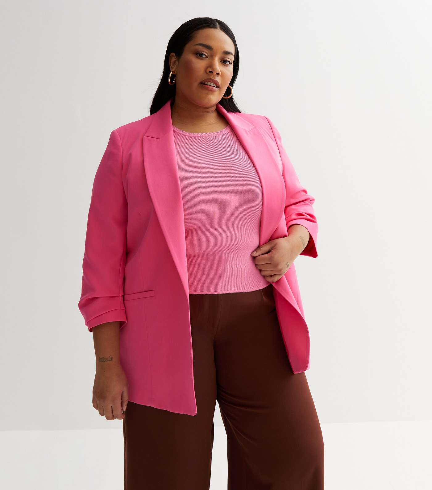 Bright Pink Ruched Sleeve Oversized Blazer Image 7
