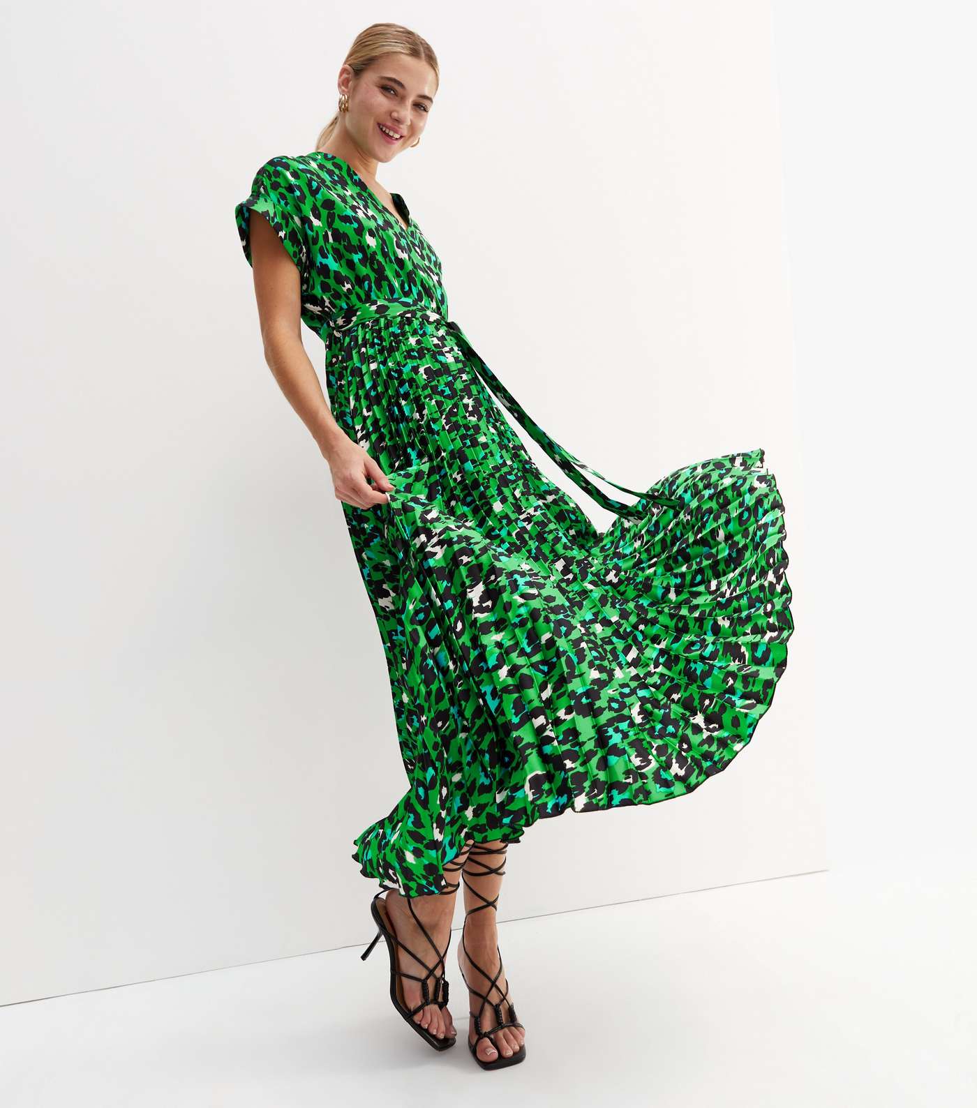 Green Leopard Print Satin Pleated Midi Wrap Dress Image 2