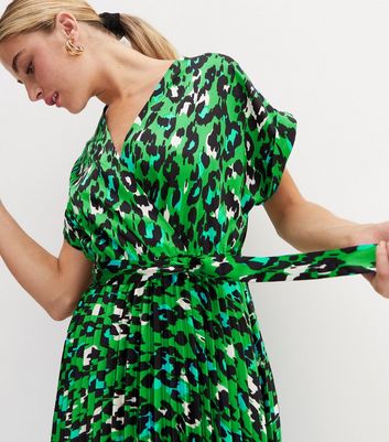 Green satin leopard 2025 print wrap dress