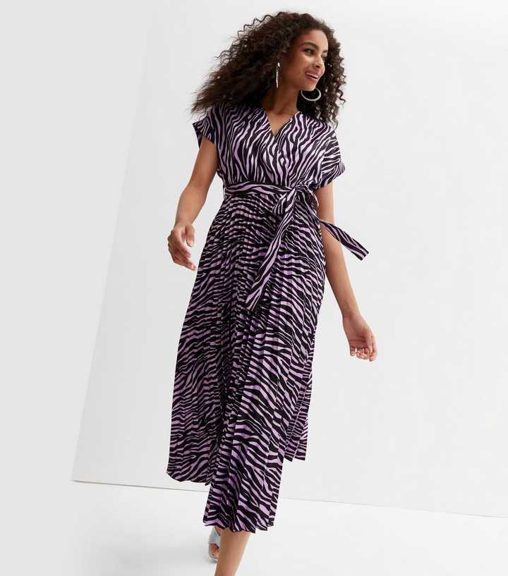Purple Zebra Print Satin V Neck Pleated Midi Dress