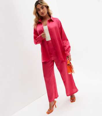 Petite Bright Pink Satin Wide Leg Trousers