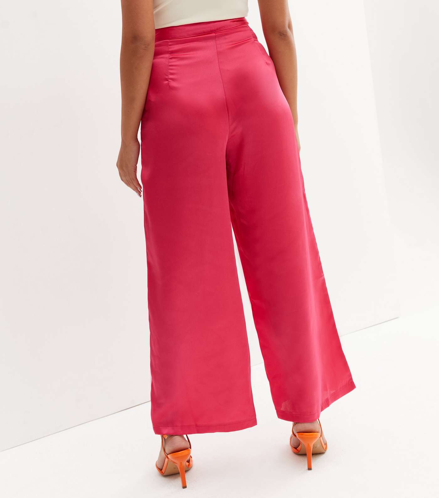 Petite Bright Pink Satin Wide Leg Trousers Image 3