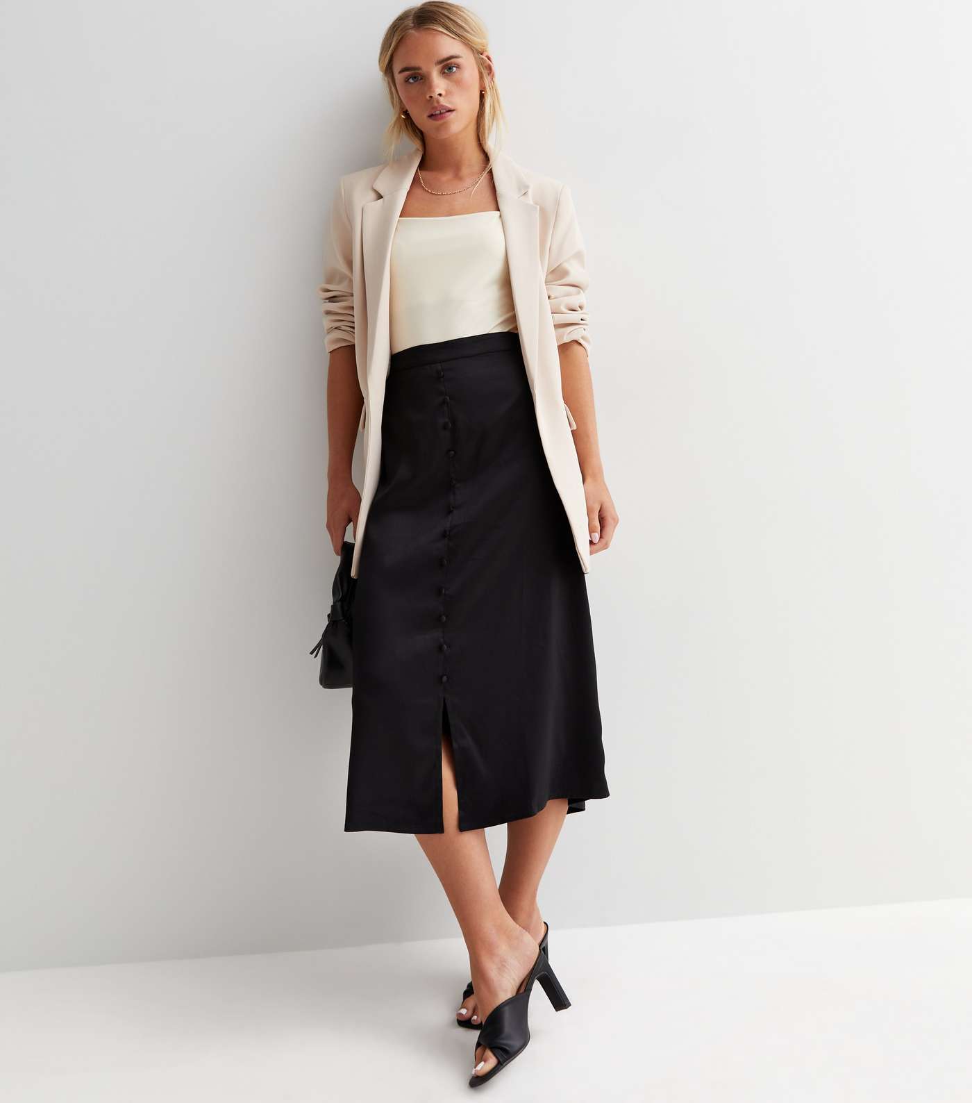 Petite Black Satin Button Midi Skirt