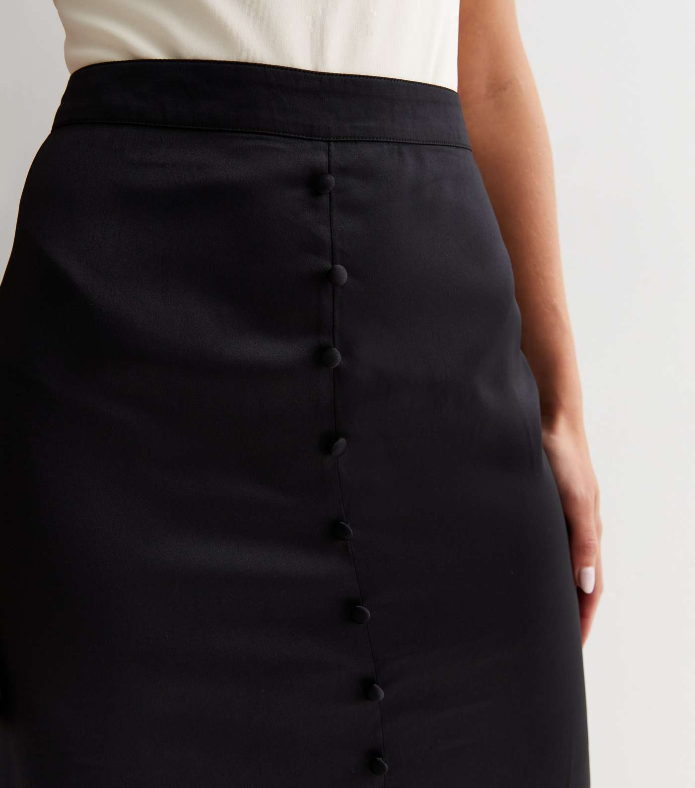 Petite Black Satin Button Midi Skirt Image 3