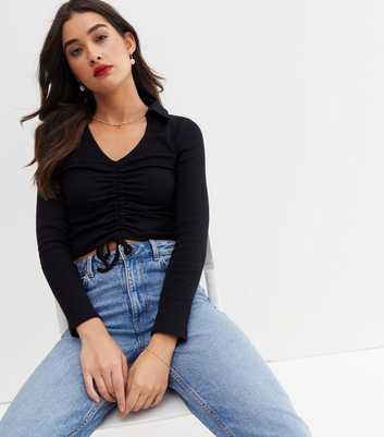 Black Ribbed Ruched Collared Long Sleeve Crop Top
