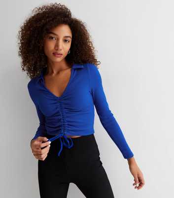 Bright Blue Ribbed Ruched Collared Long Sleeve Crop Top