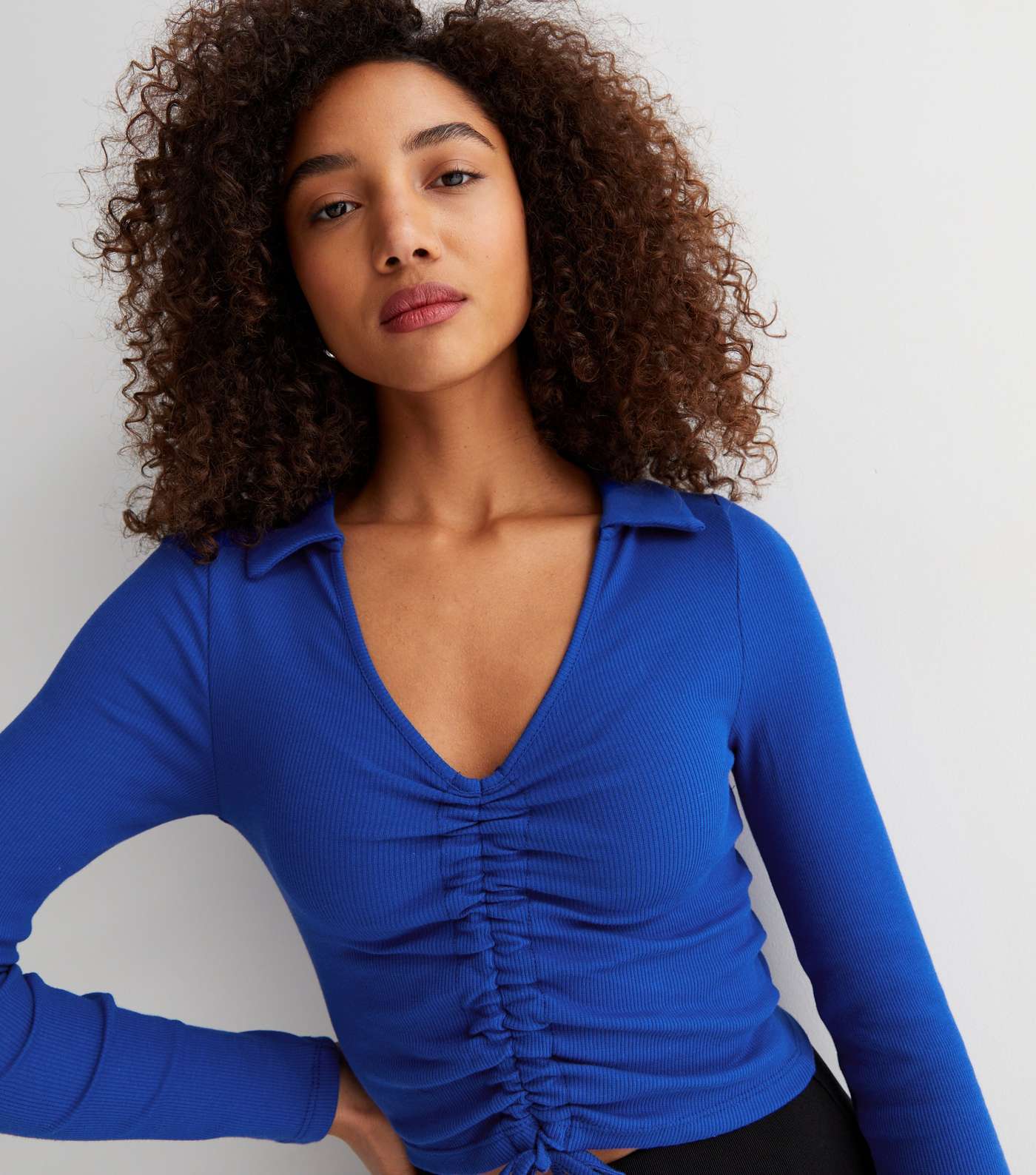Bright Blue Ribbed Ruched Collared Long Sleeve Crop Top Image 2