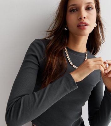 Dark Grey Long Sleeve Scoop Hem Long Sleeve Top New Look