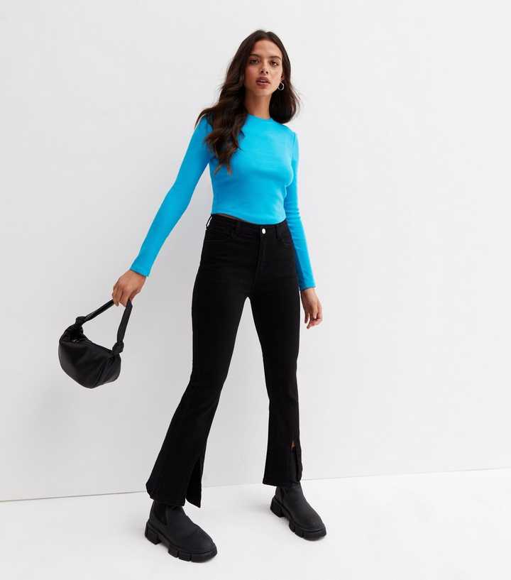 Turquoise Ribbed Scoop Hem Long Sleeve Top