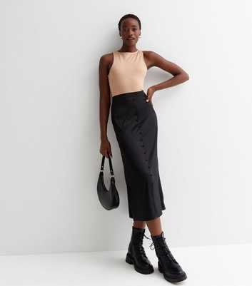 Tall Black Satin Button Front Midi Skirt