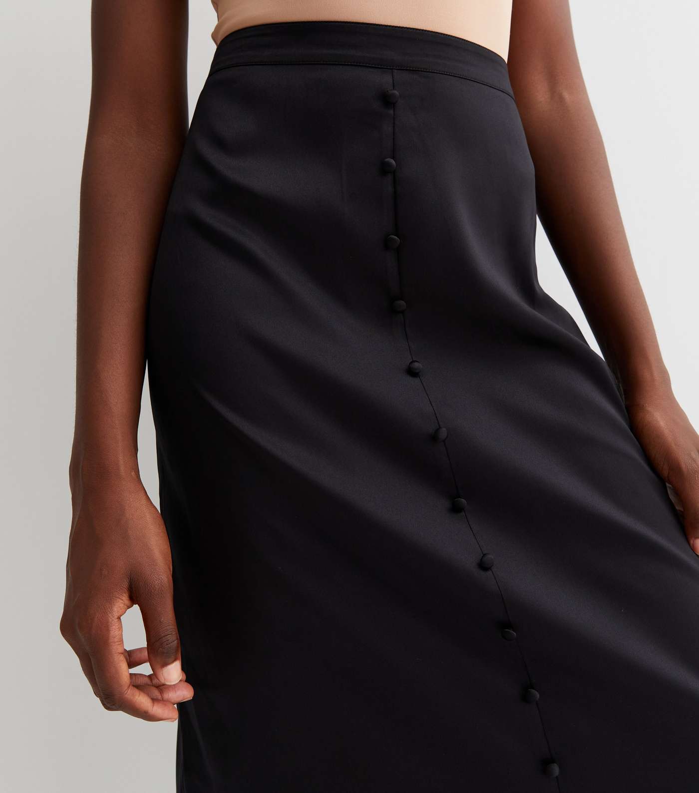 Tall Black Satin Button Front Midi Skirt Image 3