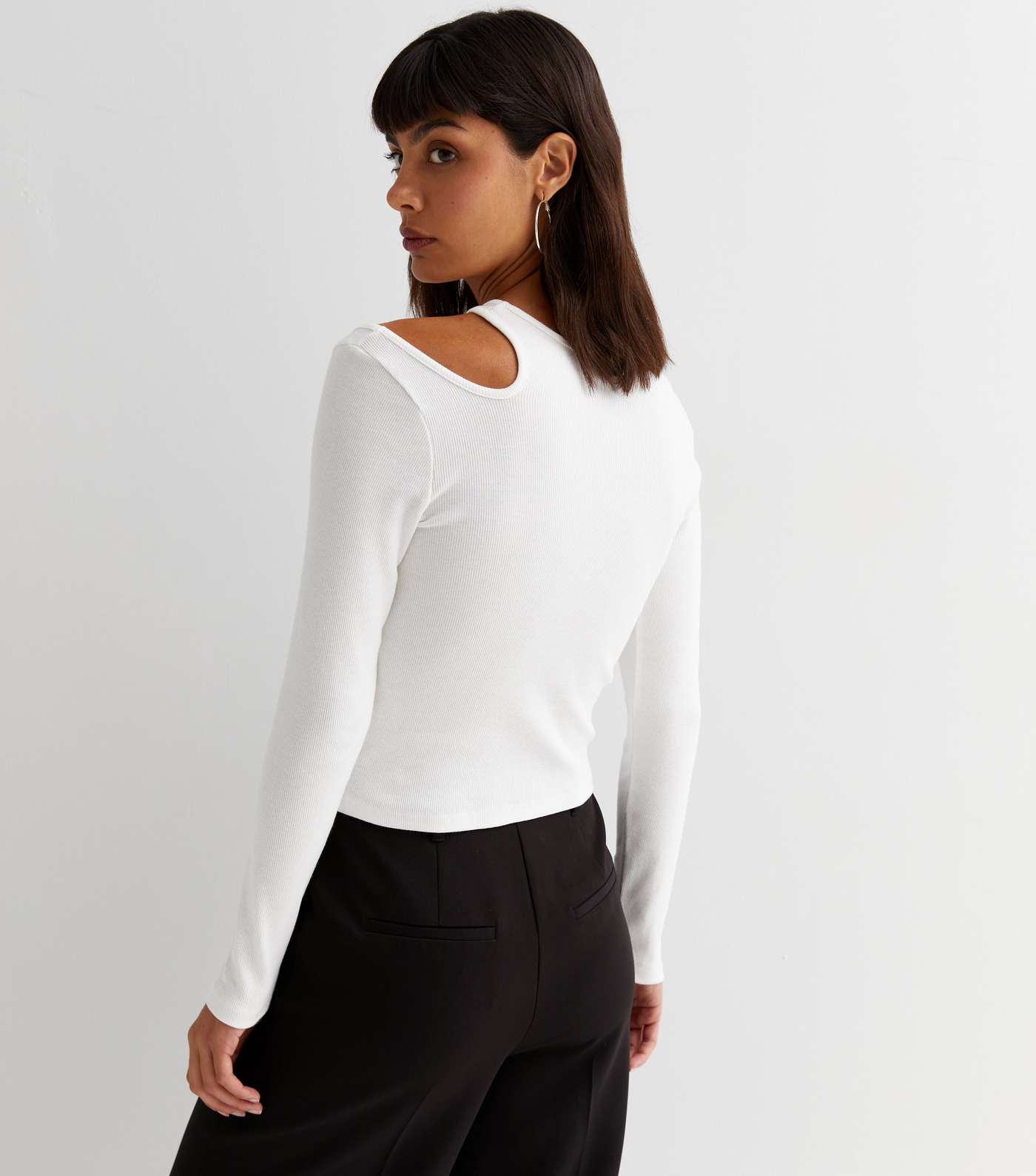 Off White Ribbed Cut Out Shoulder Long Sleeve Top Image 4