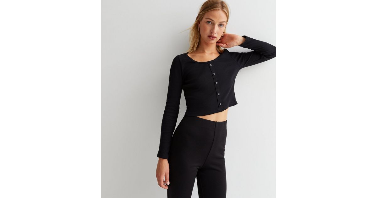 Black Button Front Scoop Neck Crop Top New Look