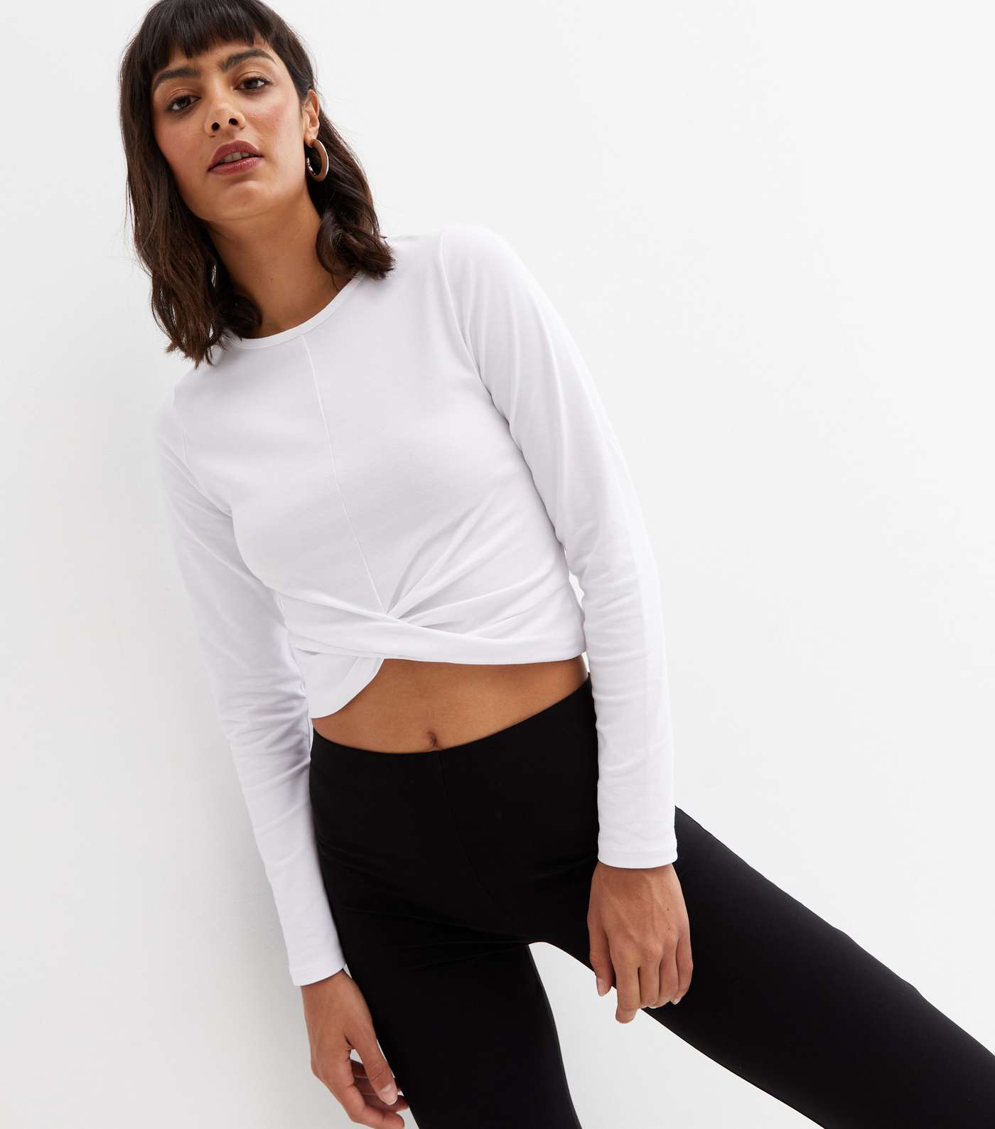 White Twist Front Long Sleeve Crop Top