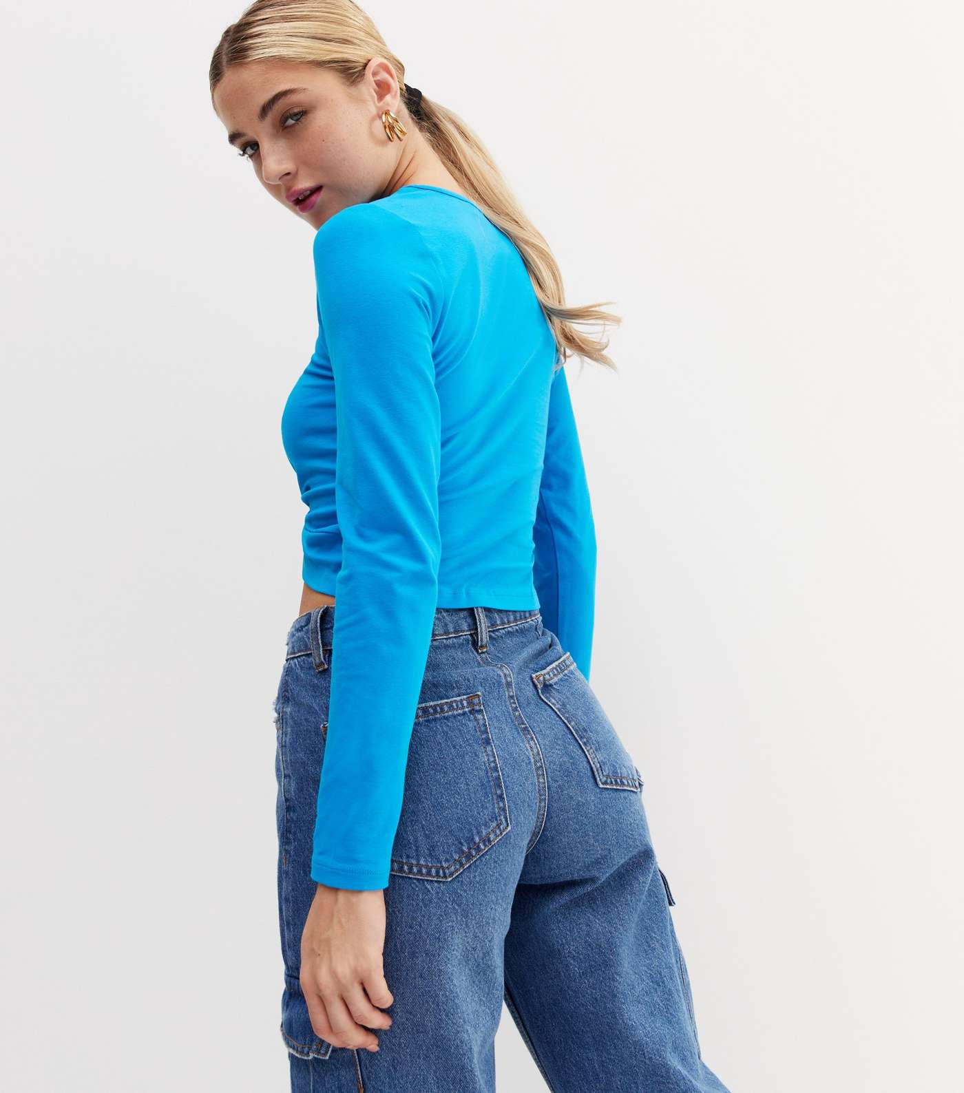 Bright Blue Twist Front Long Sleeve Crop Top Image 4